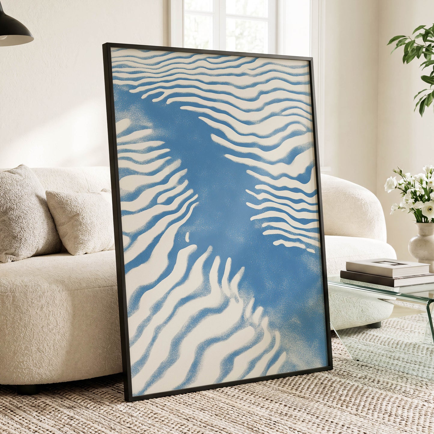 Tidal Drift, blue, beige, white nature wall art displayed in a styled interior, gallery view 6