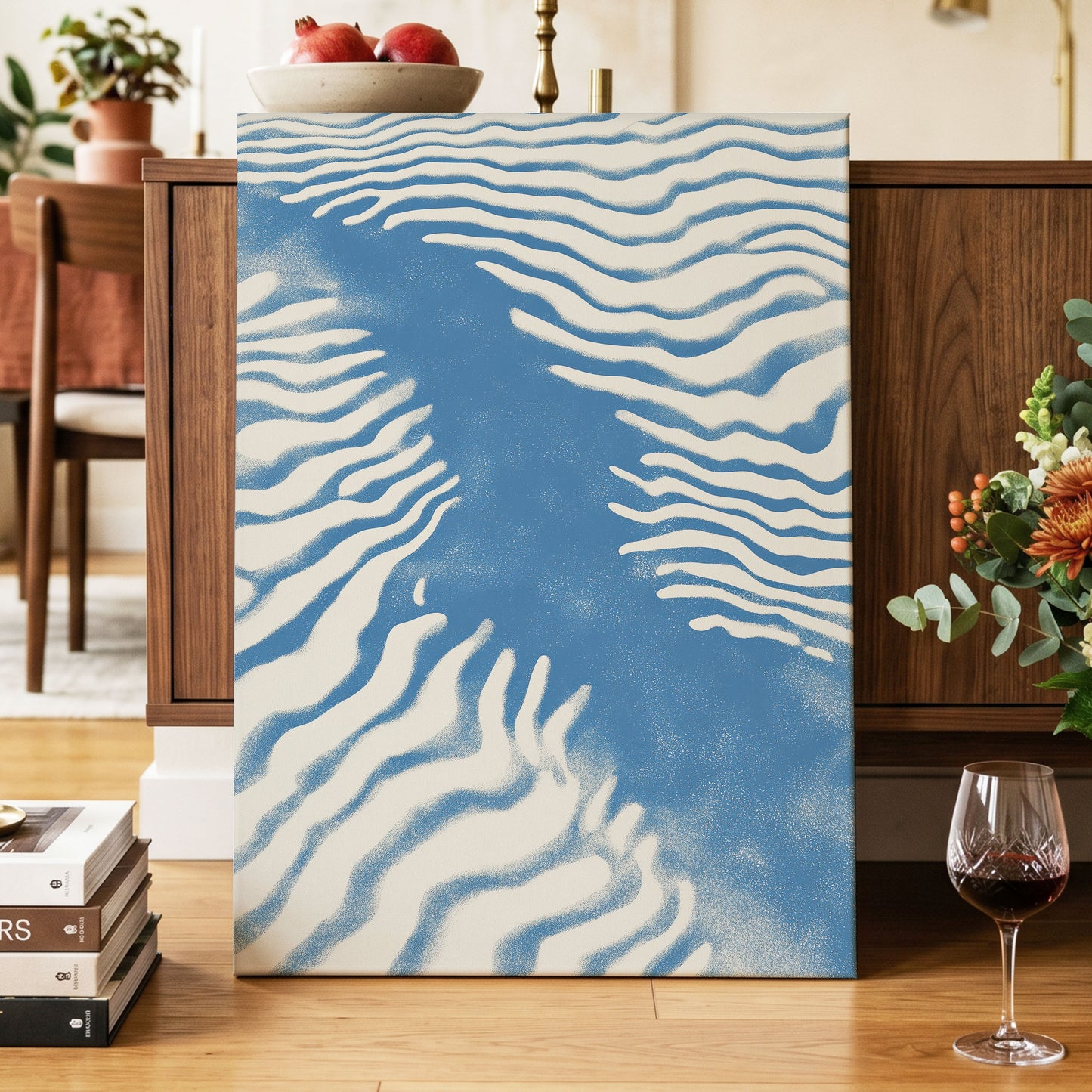 Tidal Drift, blue, beige, white nature wall art displayed in a styled interior, gallery view 7