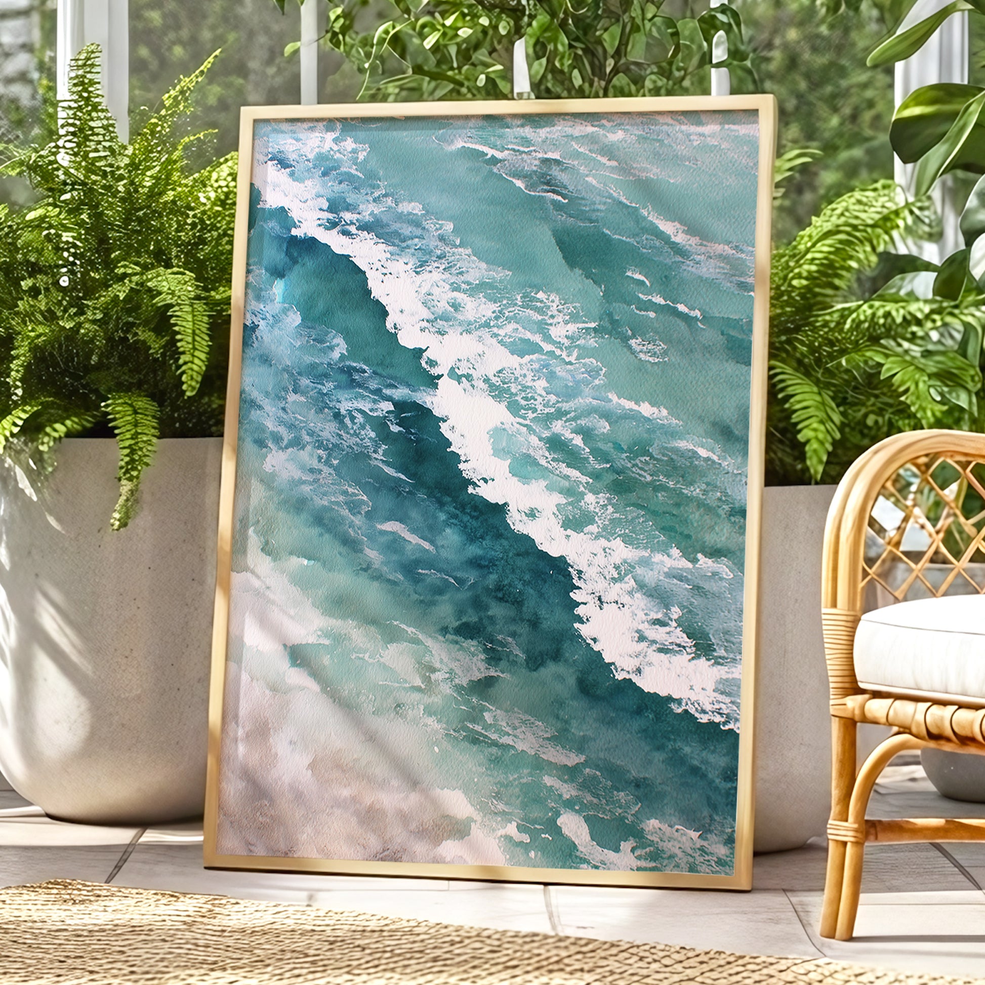 Tidal Drift, blue, green, white nature wall art displayed in a styled interior, gallery view 9