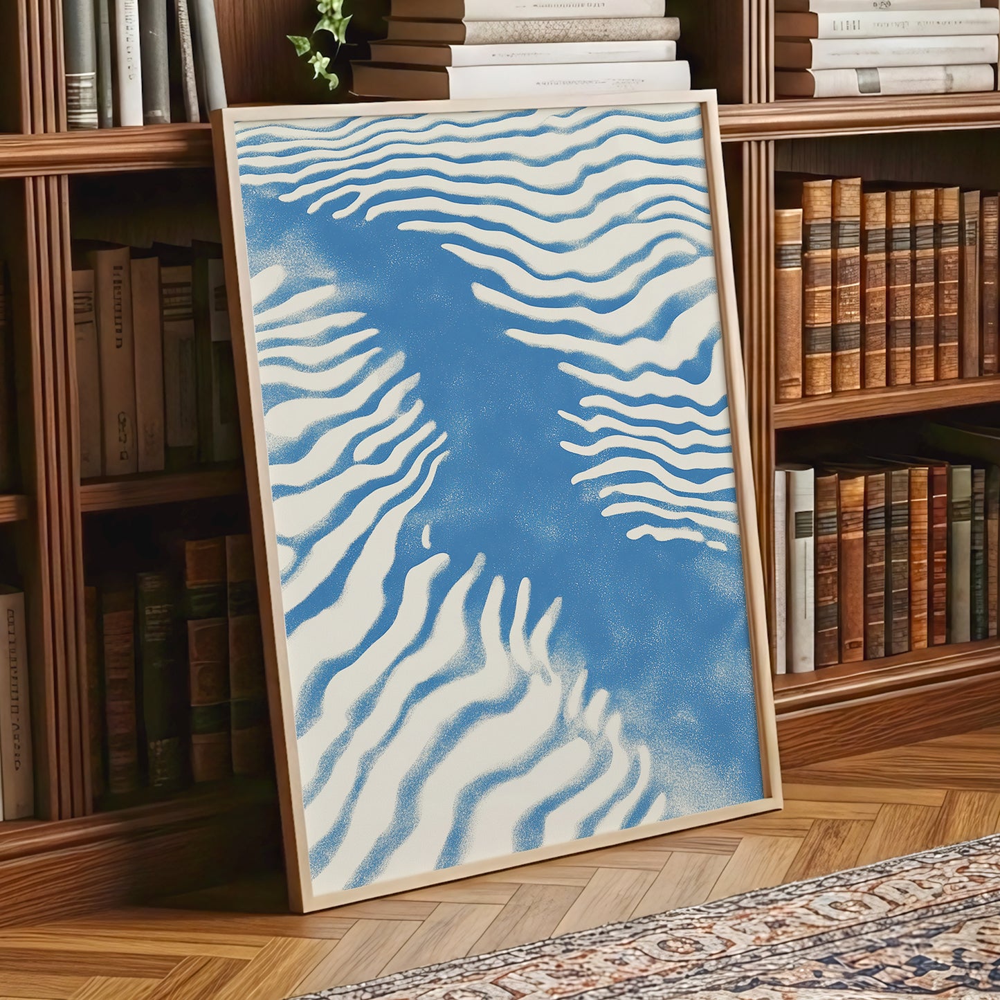 Tidal Drift, blue, beige, white nature wall art displayed in a styled interior, gallery view 9