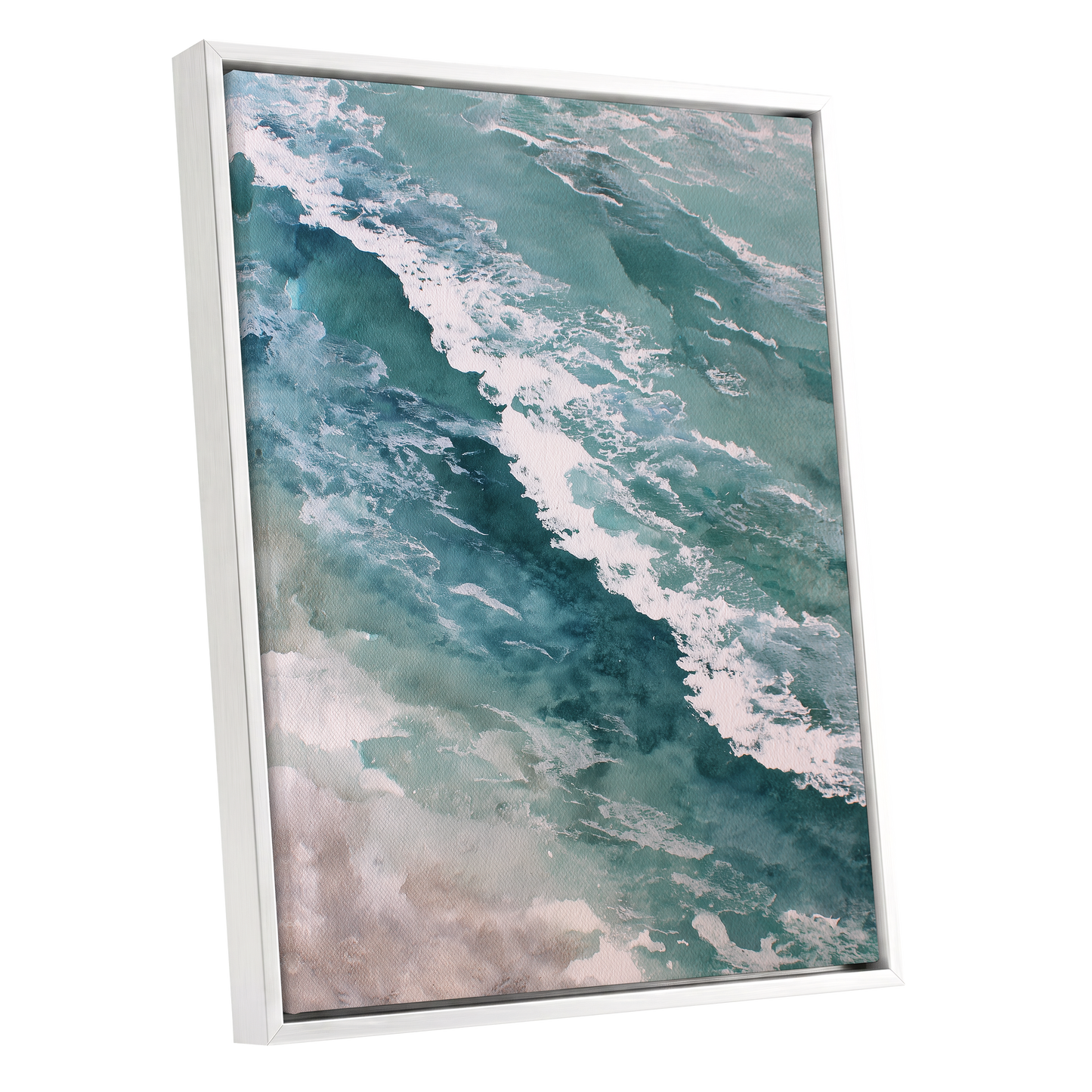 Tidal Drift, blue, green, white nature wall art shown as a white framed canvas wall art