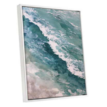 Tidal Drift, blue, green, white nature wall art shown as a white framed canvas wall art