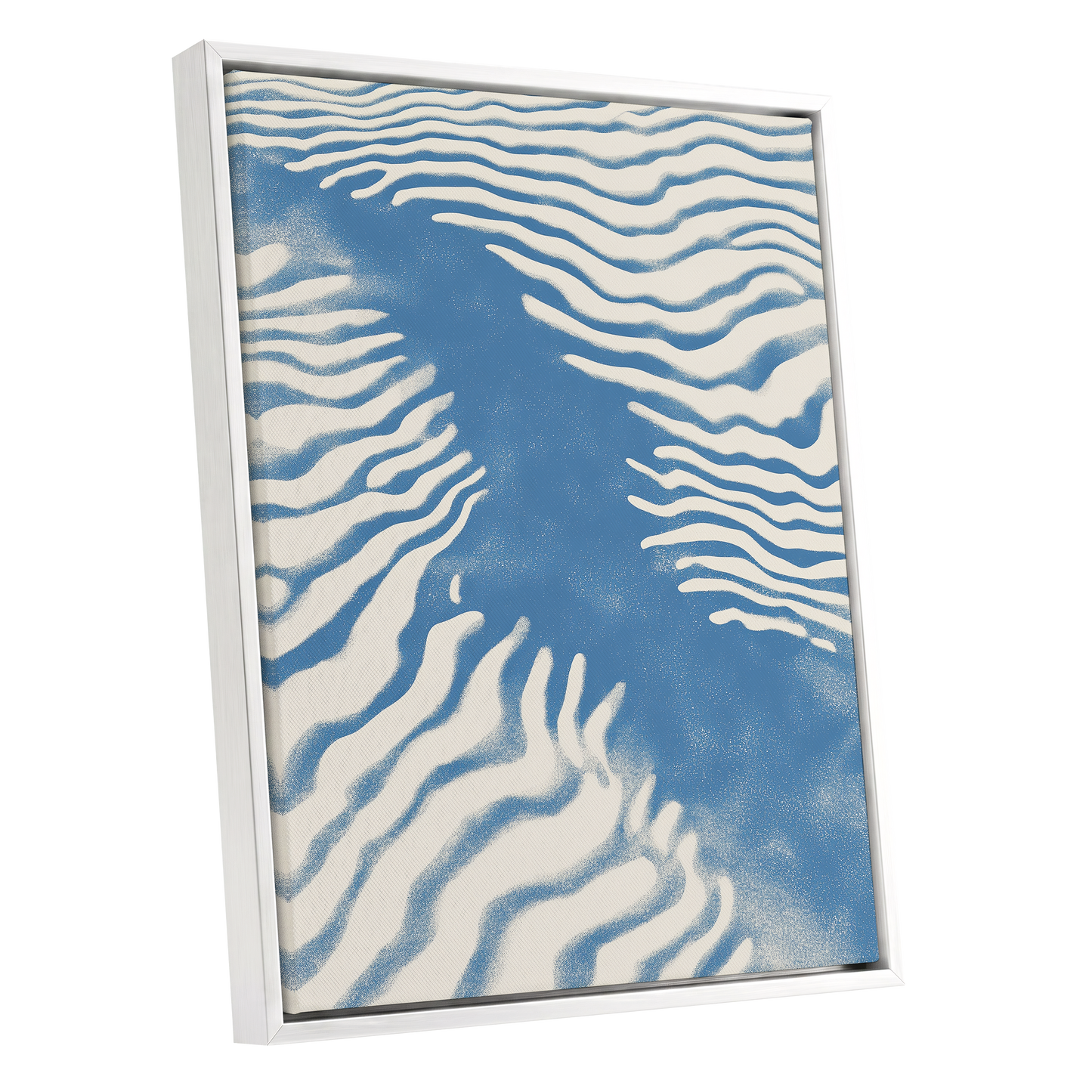Tidal Drift, blue, beige, white nature wall art shown as a white framed canvas wall art