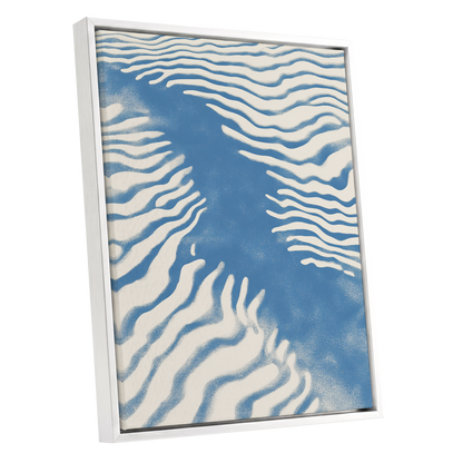 Tidal Drift, blue, beige, white nature wall art shown as a white framed canvas wall art