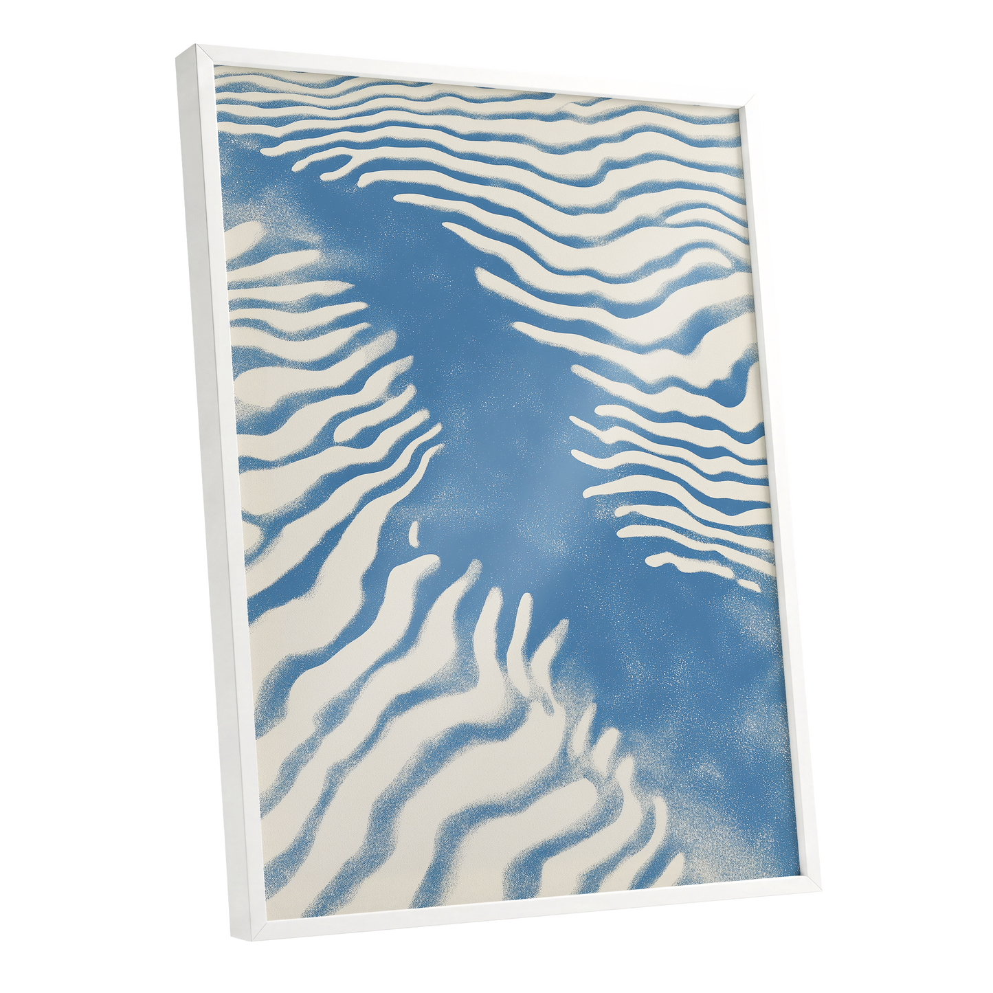 Tidal Drift, blue, beige, white nature wall art shown as a white framed poster wall art print