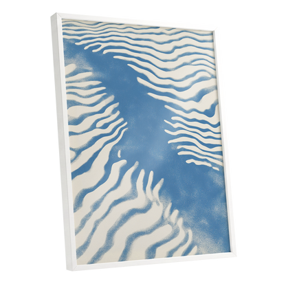 Tidal Drift, blue, beige, white nature wall art shown as a white framed poster wall art print