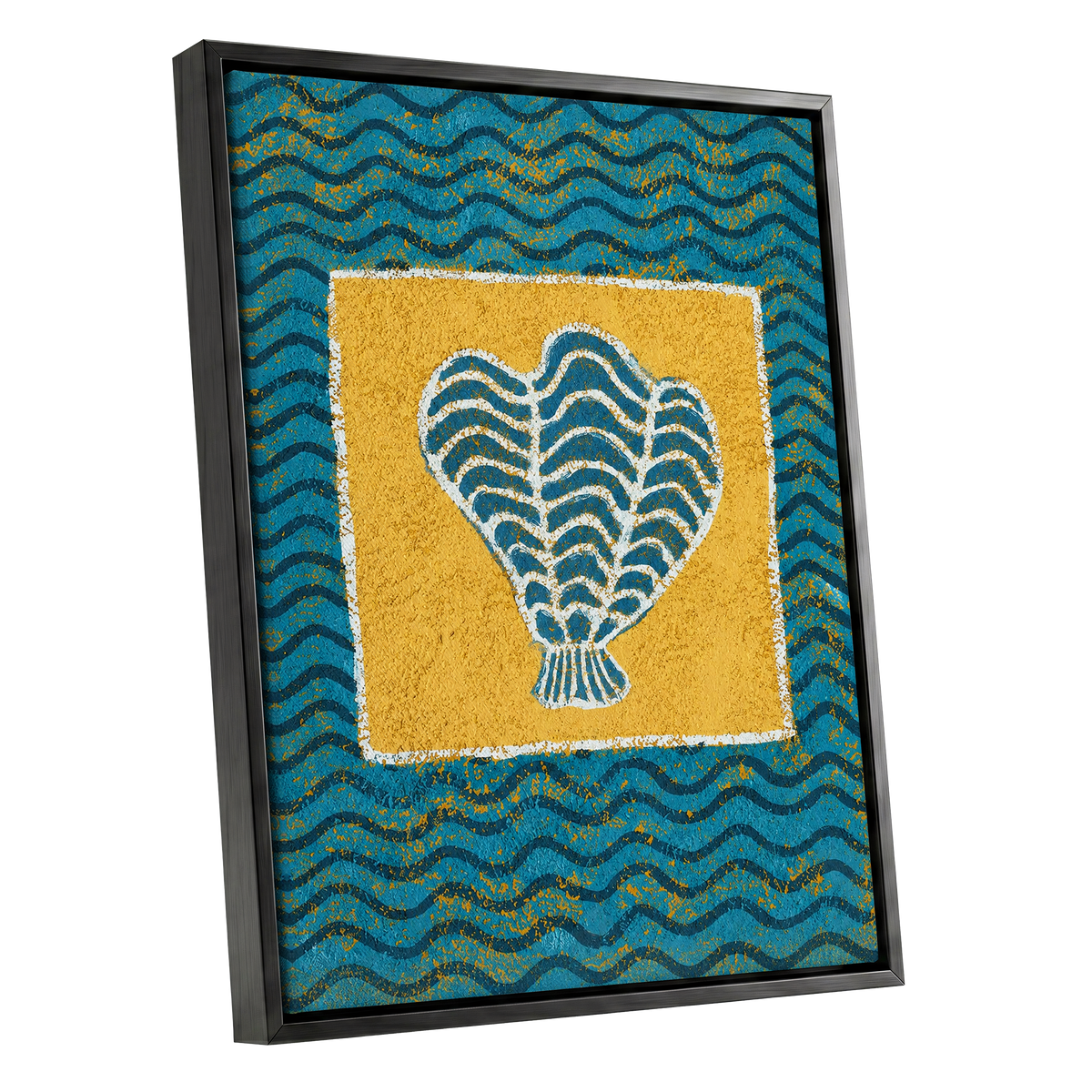 Tidal Flourish, blue, yellow, white nature wall art shown as a black framed canvas wall art