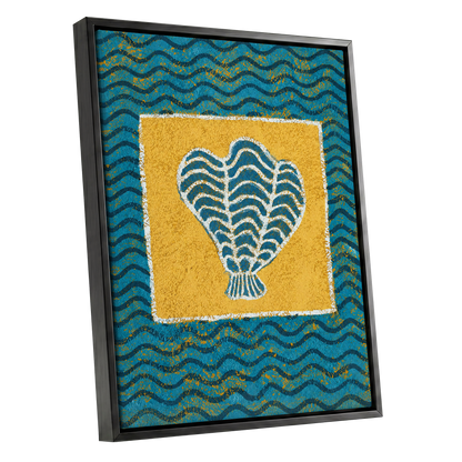 Tidal Flourish, blue, yellow, white nature wall art shown as a black framed canvas wall art