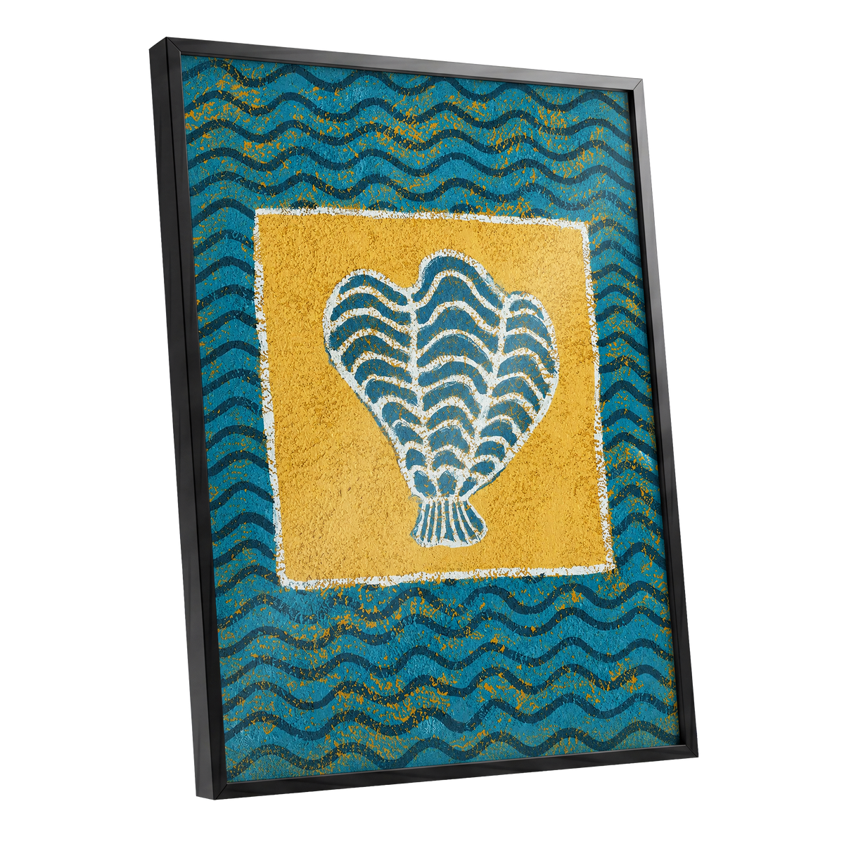 Tidal Flourish, blue, yellow, white nature wall art shown as a black framed poster wall art print