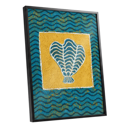 Tidal Flourish, blue, yellow, white nature wall art shown as a black framed poster wall art print