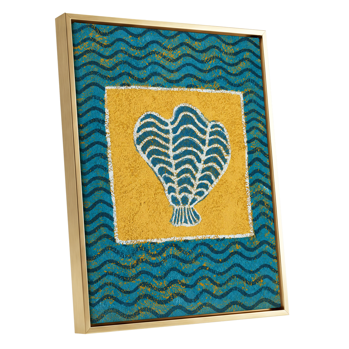 Tidal Flourish, blue, yellow, white nature wall art shown as a gold framed canvas wall art
