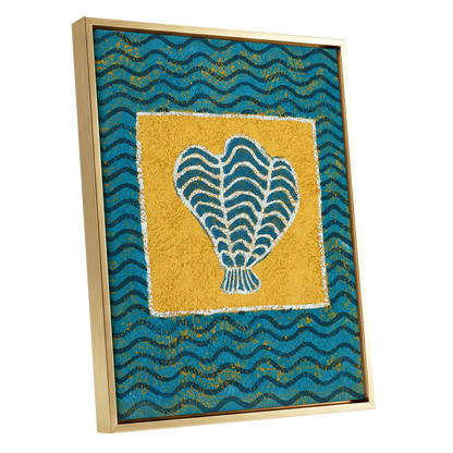 Tidal Flourish, blue, yellow, white nature wall art shown as a gold framed canvas wall art