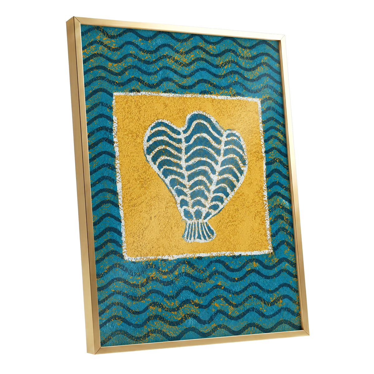 Tidal Flourish, blue, yellow, white nature wall art shown as a gold framed poster wall art print