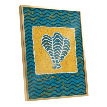Tidal Flourish, blue, yellow, white nature wall art shown as a gold framed poster wall art print