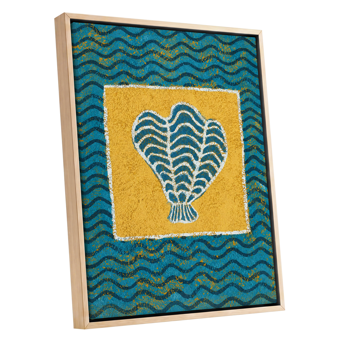 Tidal Flourish, blue, yellow, white nature wall art shown as a oak framed canvas wall art