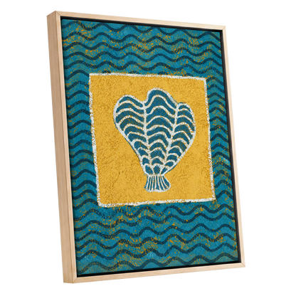 Tidal Flourish, blue, yellow, white nature wall art shown as a oak framed canvas wall art