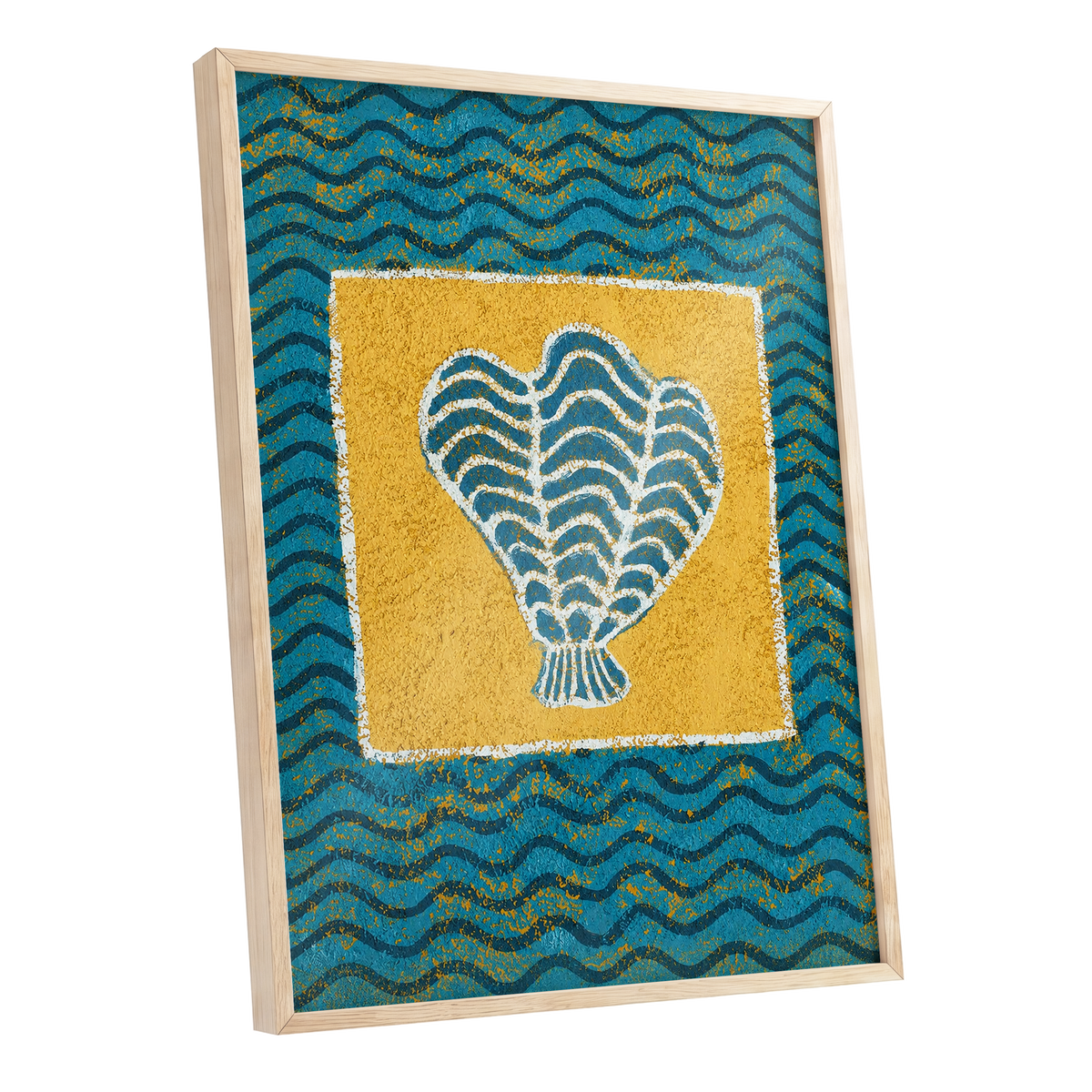 Tidal Flourish, blue, yellow, white nature wall art shown as a oak framed poster wall art print