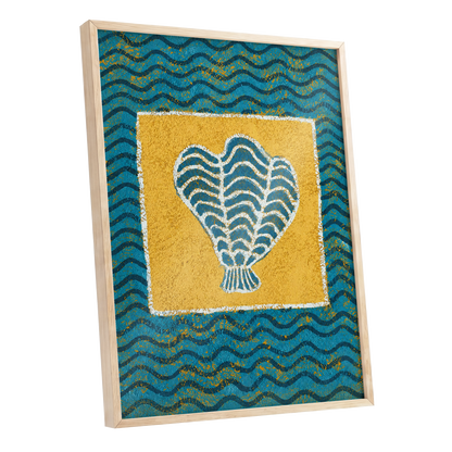 Tidal Flourish, blue, yellow, white nature wall art shown as a oak framed poster wall art print