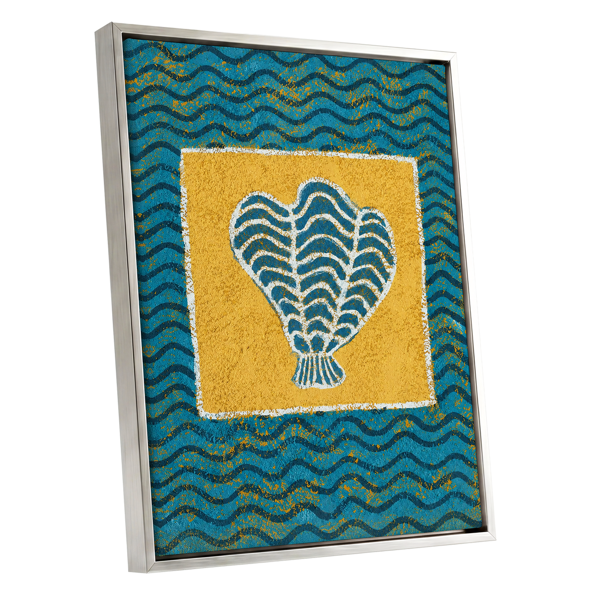 Tidal Flourish, blue, yellow, white nature wall art shown as a silver framed canvas wall art