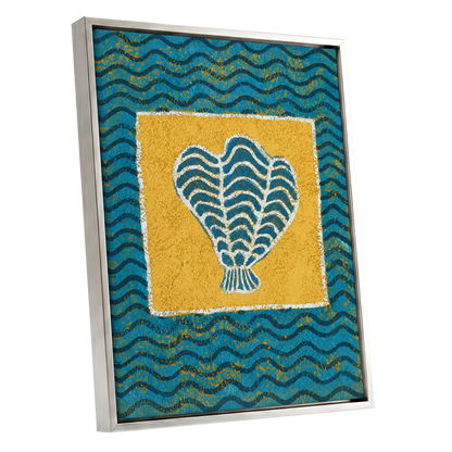 Tidal Flourish, blue, yellow, white nature wall art shown as a silver framed canvas wall art