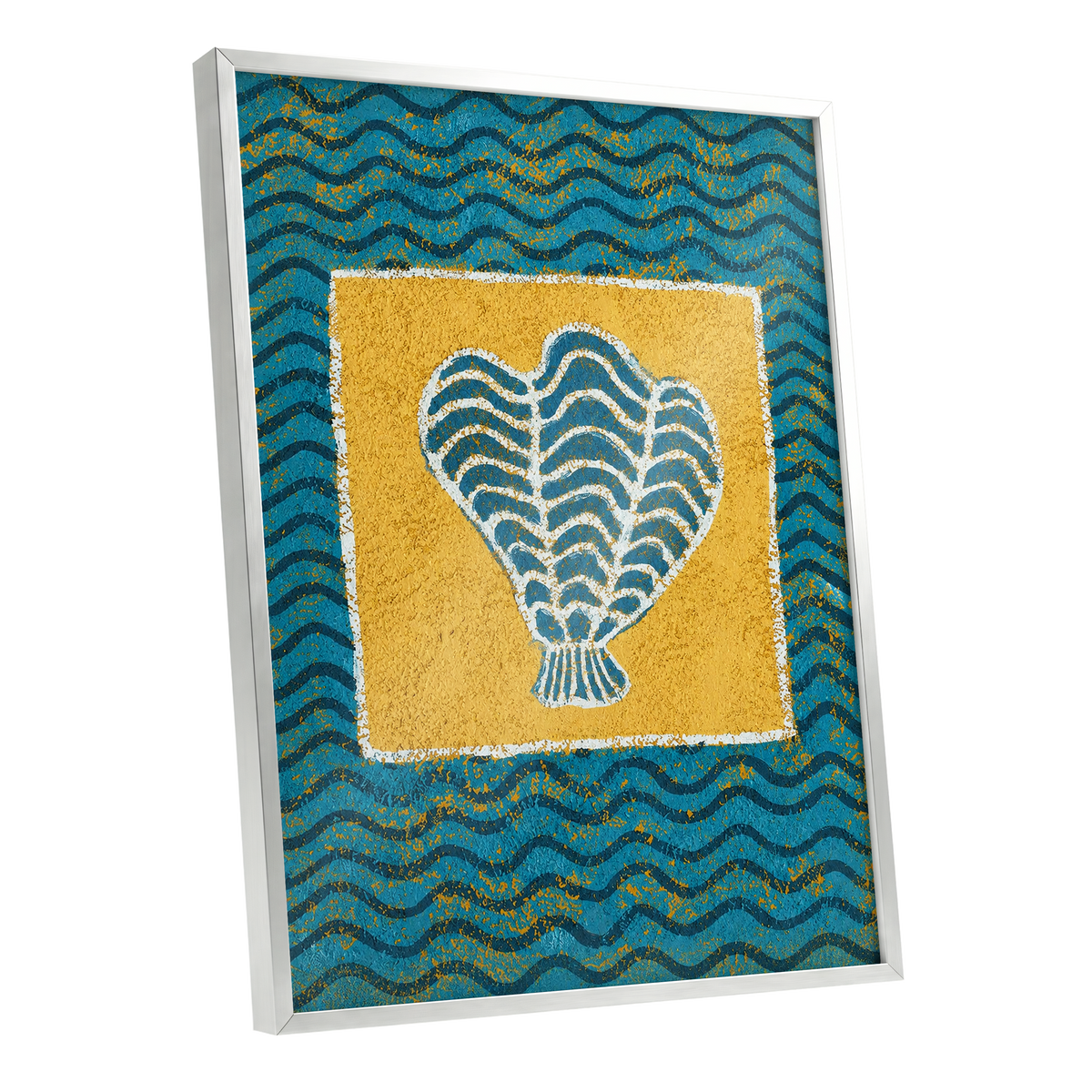 Tidal Flourish, blue, yellow, white nature wall art shown as a silver framed poster wall art print