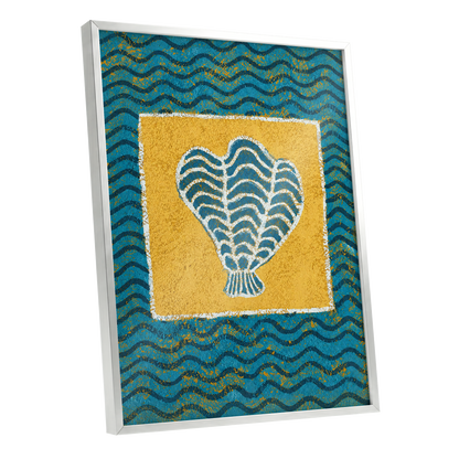 Tidal Flourish, blue, yellow, white nature wall art shown as a silver framed poster wall art print