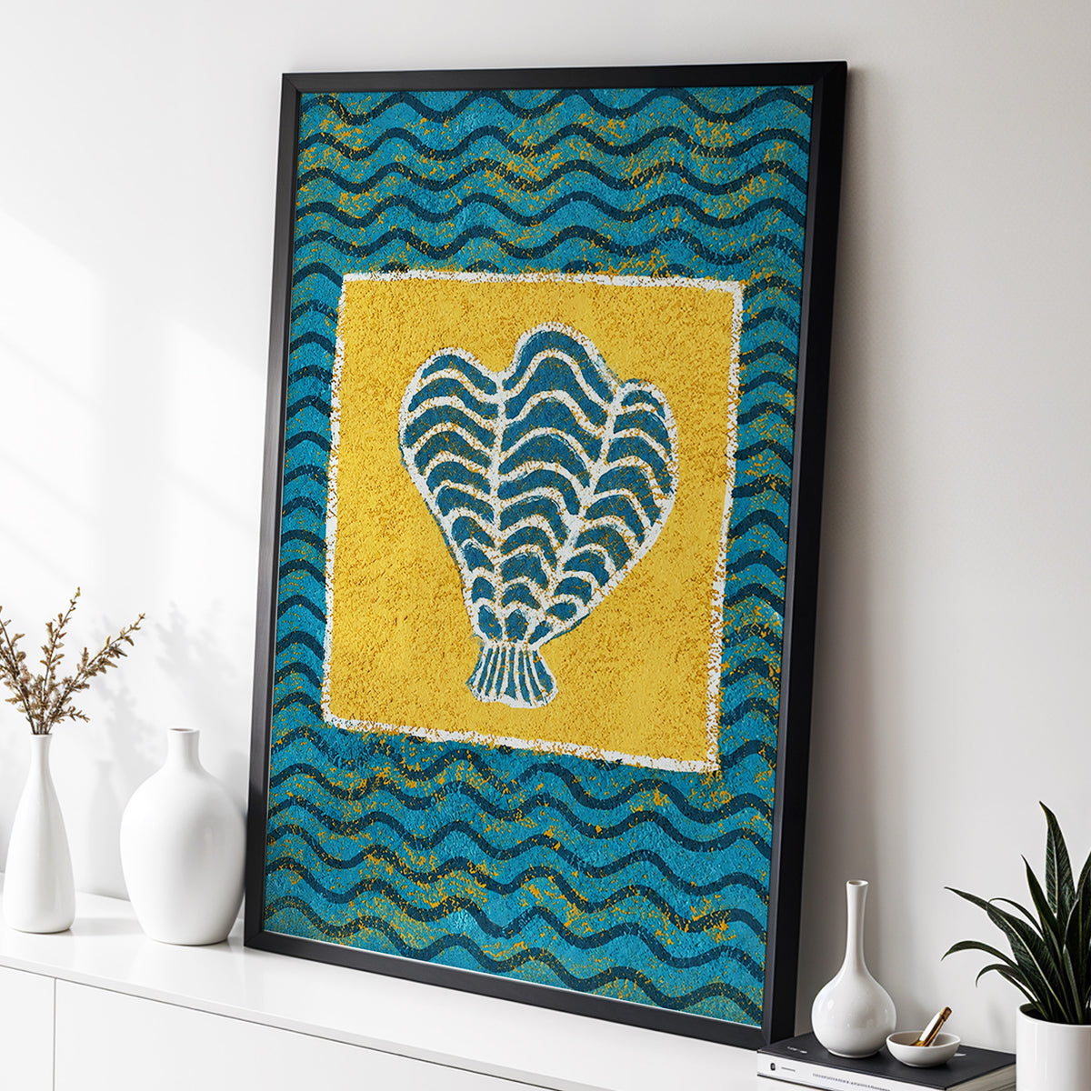 Tidal Flourish, blue, yellow, white nature wall art displayed in a styled interior, gallery view 2