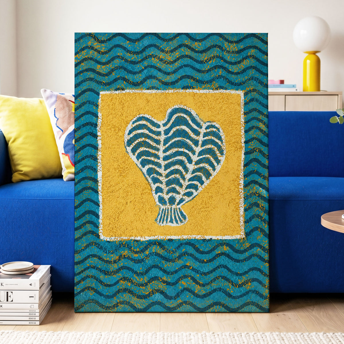 Tidal Flourish, blue, yellow, white nature wall art displayed in a styled interior, gallery view 3