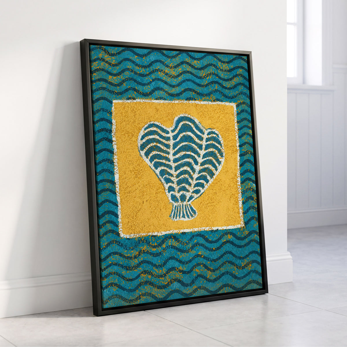 Tidal Flourish, blue, yellow, white nature wall art displayed in a styled interior, gallery view 4