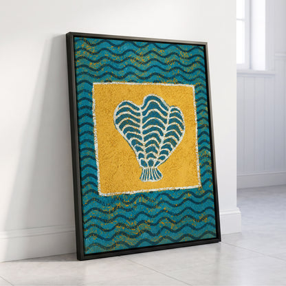 Tidal Flourish, blue, yellow, white nature wall art displayed in a styled interior, gallery view 4