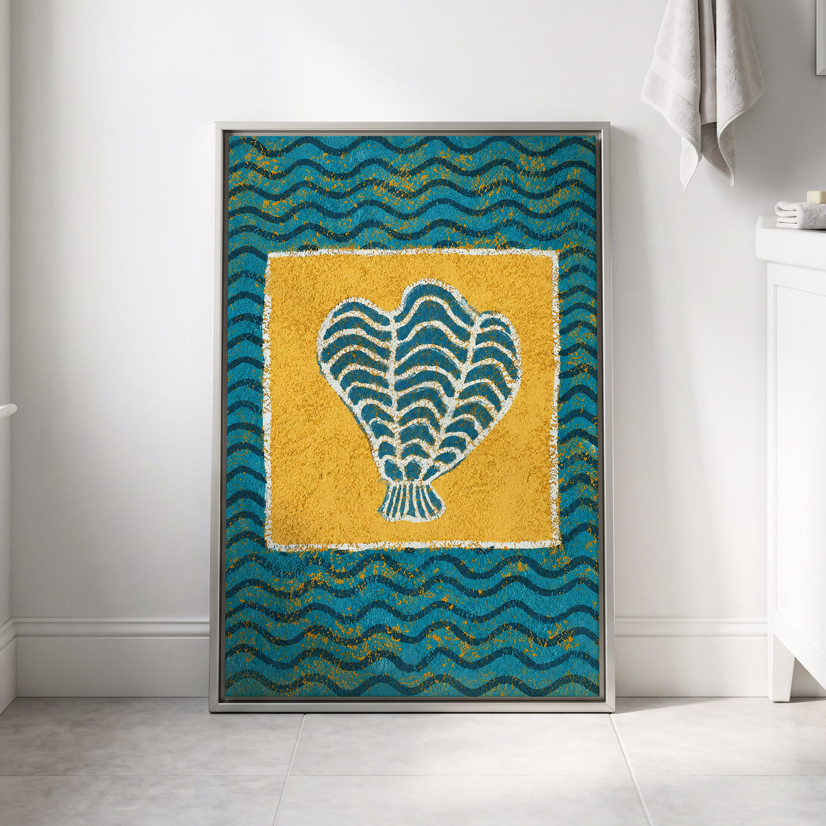 Tidal Flourish, blue, yellow, white nature wall art displayed in a styled interior, gallery view 8