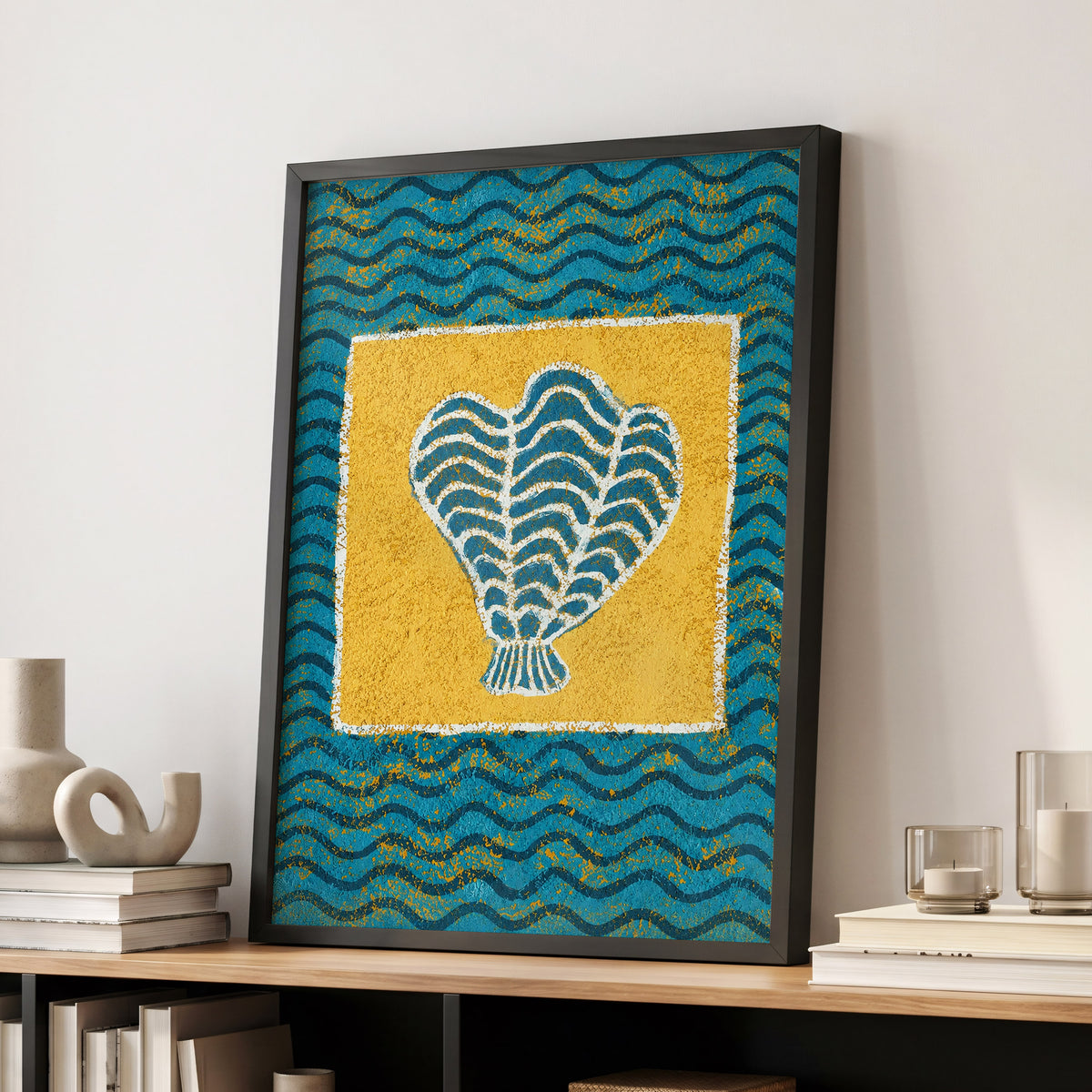 Tidal Flourish, blue, yellow, white nature wall art displayed in a styled interior, gallery view 9