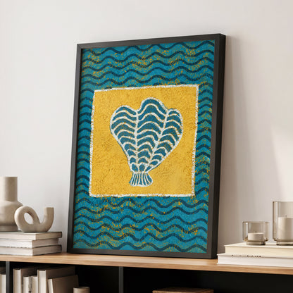 Tidal Flourish, blue, yellow, white nature wall art displayed in a styled interior, gallery view 9