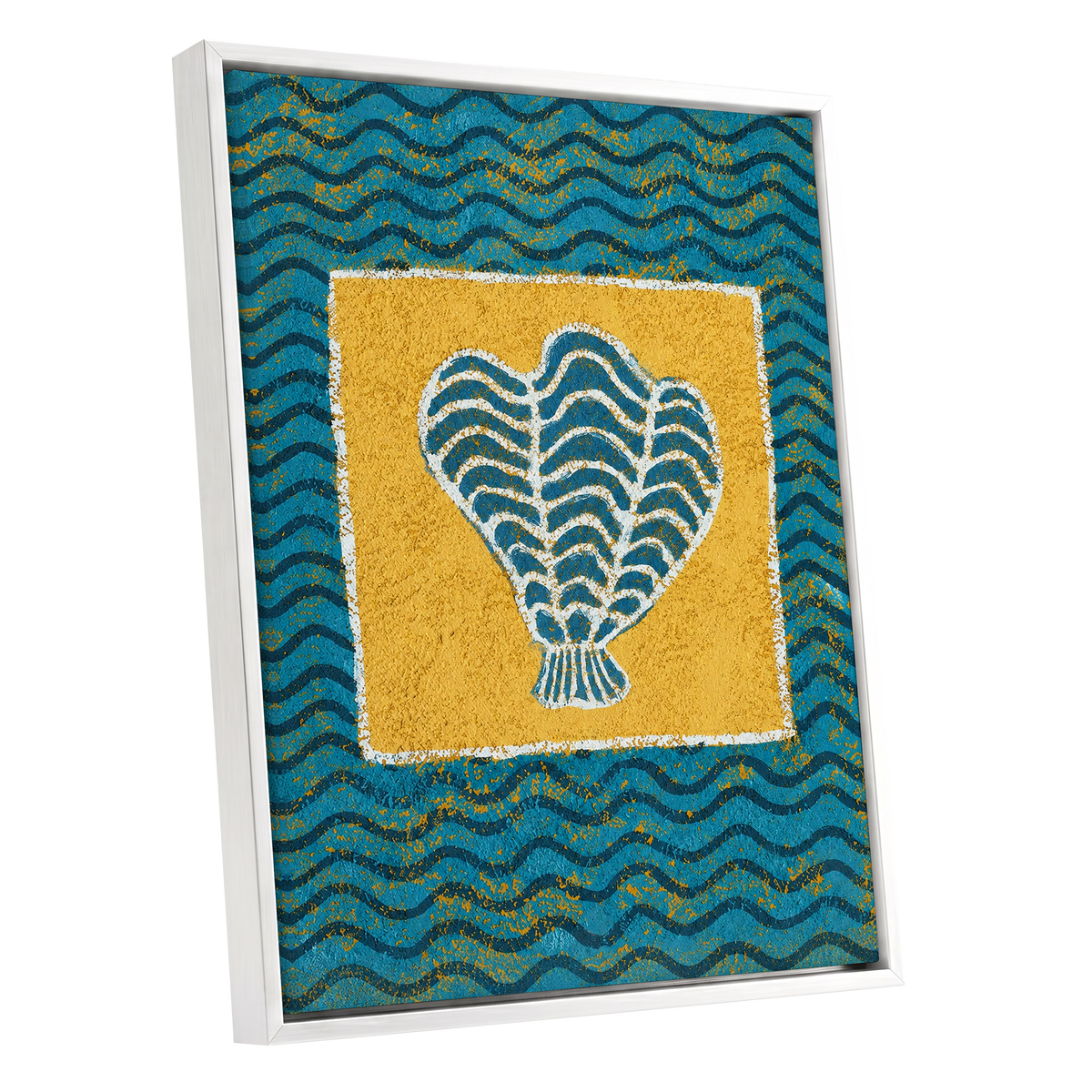 Tidal Flourish, blue, yellow, white nature wall art shown as a white framed canvas wall art