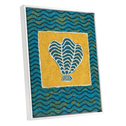 Tidal Flourish, blue, yellow, white nature wall art shown as a white framed canvas wall art