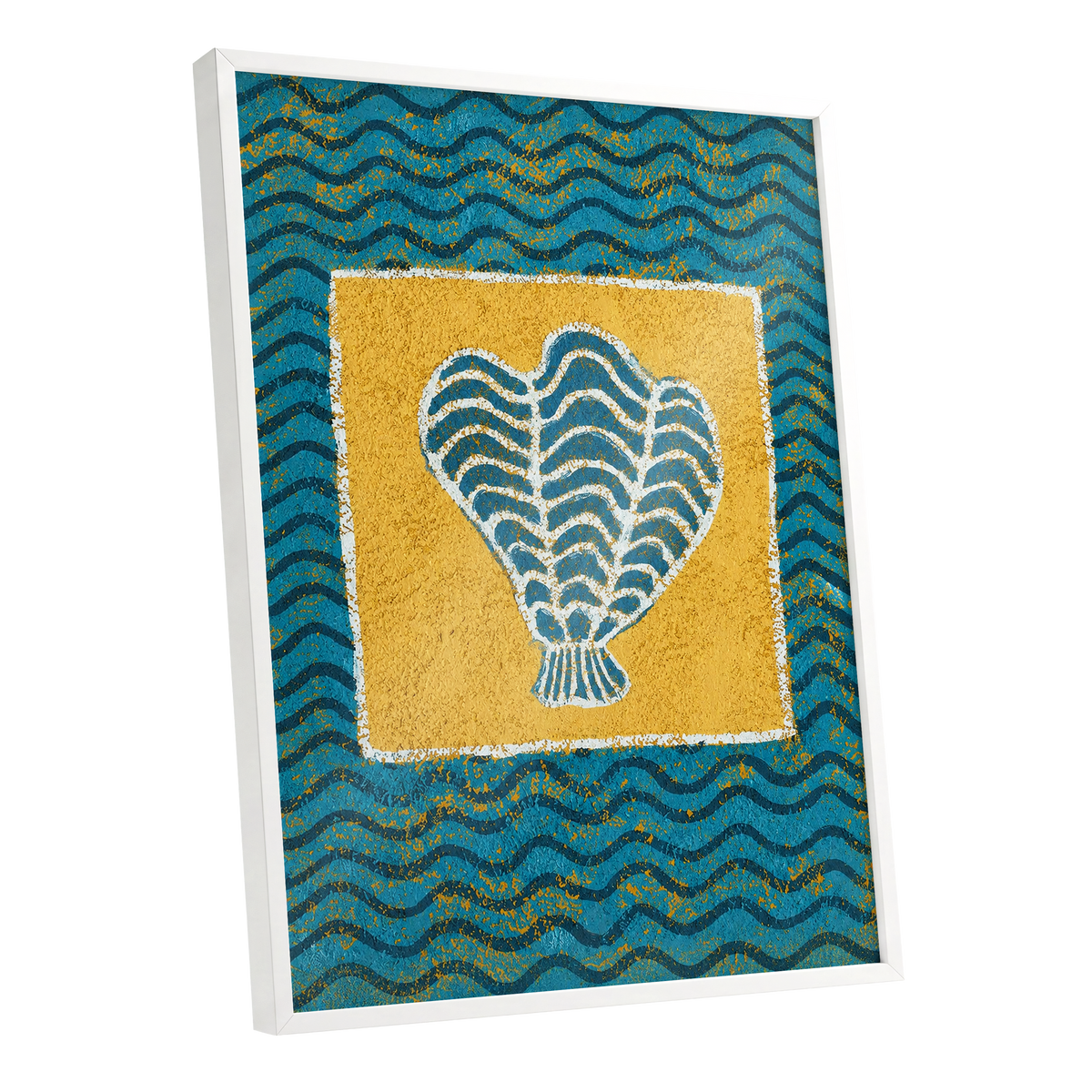 Tidal Flourish, blue, yellow, white nature wall art shown as a white framed poster wall art print