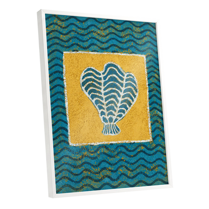 Tidal Flourish, blue, yellow, white nature wall art shown as a white framed poster wall art print