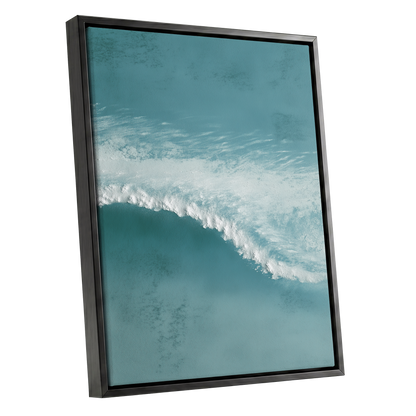 Tidal Hush, blue, green, white nature wall art shown as a black framed canvas wall art