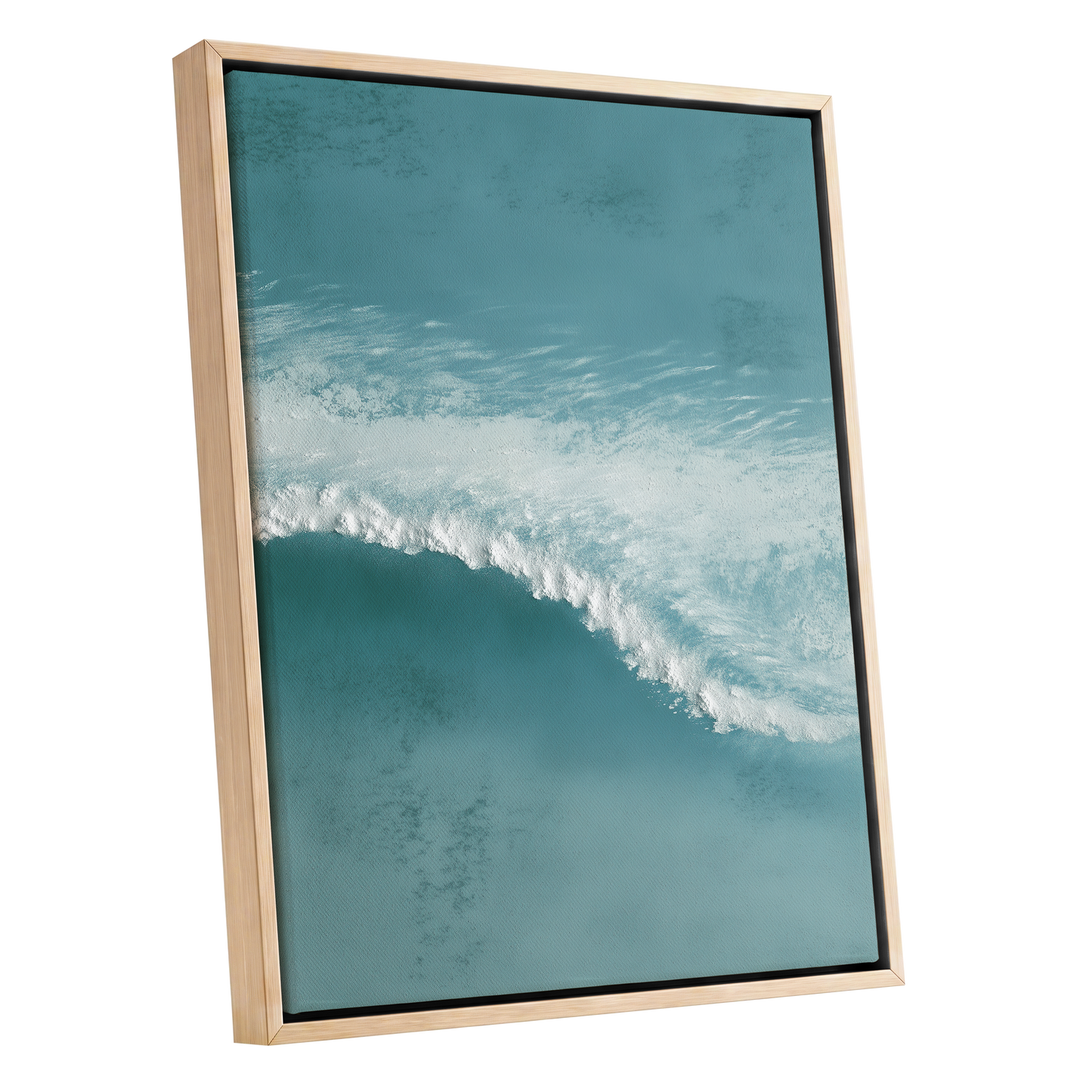 Tidal Hush, blue, green, white nature wall art shown as a oak framed canvas wall art
