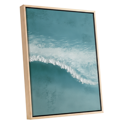 Tidal Hush, blue, green, white nature wall art shown as a oak framed canvas wall art