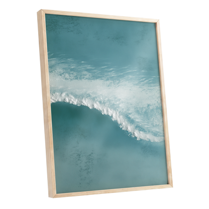 Tidal Hush, blue, green, white nature wall art shown as a oak framed poster wall art print