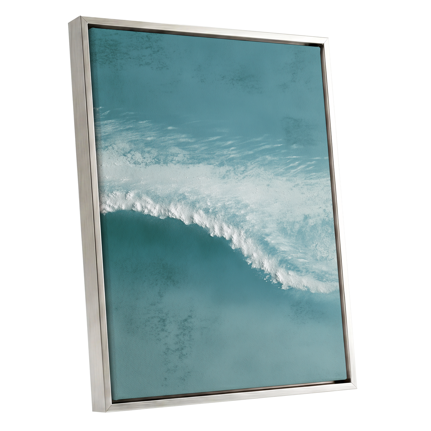 Tidal Hush, blue, green, white nature wall art shown as a silver framed canvas wall art