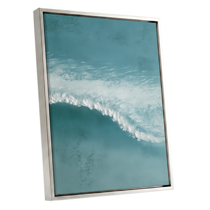 Tidal Hush, blue, green, white nature wall art shown as a silver framed canvas wall art