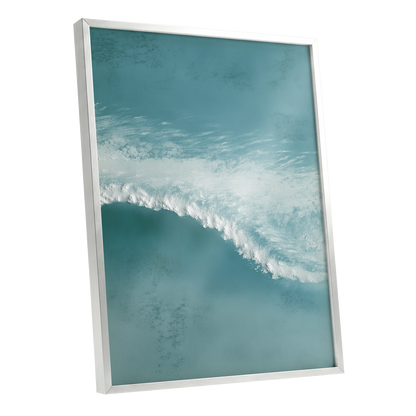 Tidal Hush, blue, green, white nature wall art shown as a silver framed poster wall art print