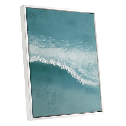 Tidal Hush, blue, green, white nature wall art shown as a white framed canvas wall art