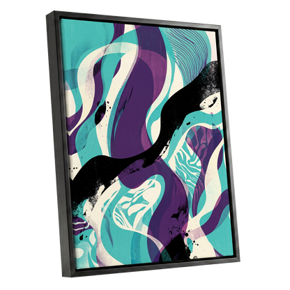 Tidal Intersections, green, purple, black abstract wall art shown as a black framed canvas wall art