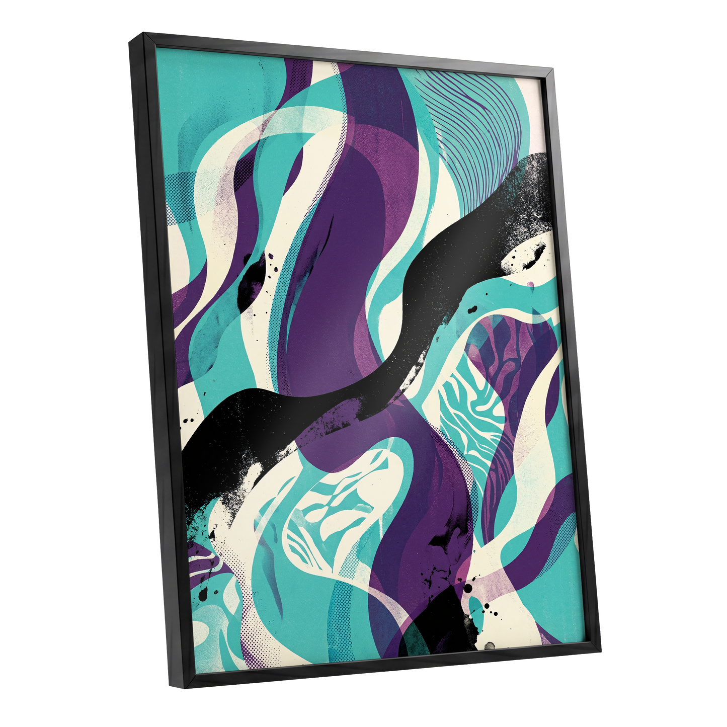 Tidal Intersections, green, purple, black abstract wall art shown as a black framed poster wall art print