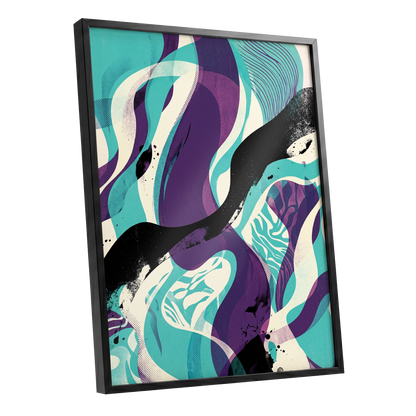 Tidal Intersections, green, purple, black abstract wall art shown as a black framed poster wall art print