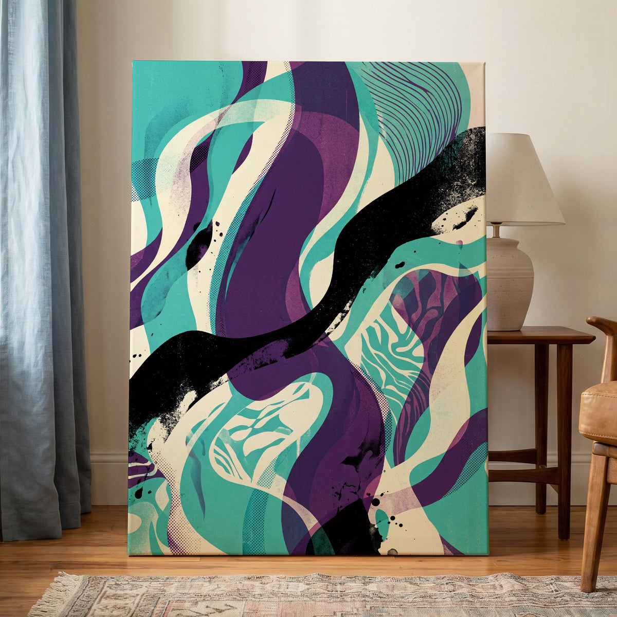 Tidal Intersections, green, purple, black abstract wall art on canvas displayed in a styled interior, gallery view 1