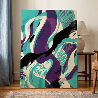 Tidal Intersections, green, purple, black abstract wall art on canvas displayed in a styled interior, gallery view 1